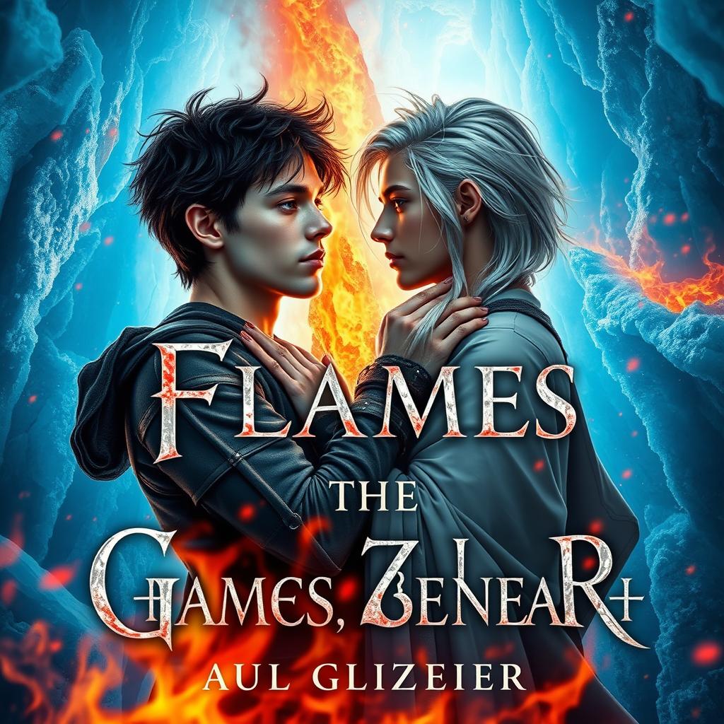 A captivating fantasy novel cover titled 'Flames Beneath the Glacier', featuring two handsome young male characters locked in a tender embrace amidst a surreal landscape where fiery orange and red flames burst forth from a shimmering blue glacier
