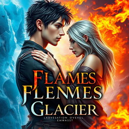A captivating fantasy novel cover titled 'Flames Beneath the Glacier', featuring two handsome young male characters locked in a tender embrace amidst a surreal landscape where fiery orange and red flames burst forth from a shimmering blue glacier