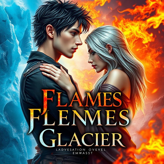 A captivating fantasy novel cover titled 'Flames Beneath the Glacier', featuring two handsome young male characters locked in a tender embrace amidst a surreal landscape where fiery orange and red flames burst forth from a shimmering blue glacier