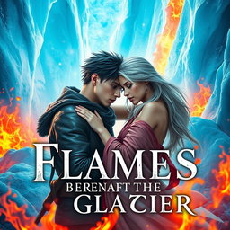 A captivating fantasy novel cover titled 'Flames Beneath the Glacier', featuring two handsome young male characters locked in a tender embrace amidst a surreal landscape where fiery orange and red flames burst forth from a shimmering blue glacier