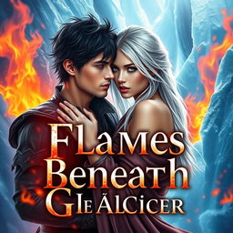 A captivating fantasy novel cover titled 'Flames Beneath the Glacier', featuring two handsome young male characters locked in a tender embrace amidst a surreal landscape where fiery orange and red flames burst forth from a shimmering blue glacier