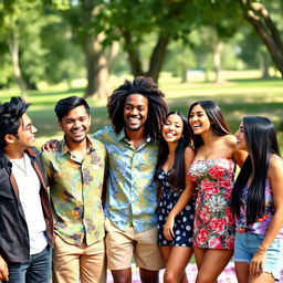 A vibrant scene featuring a diverse group of five friends hanging out together