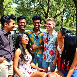 A vibrant scene featuring a diverse group of five friends hanging out together