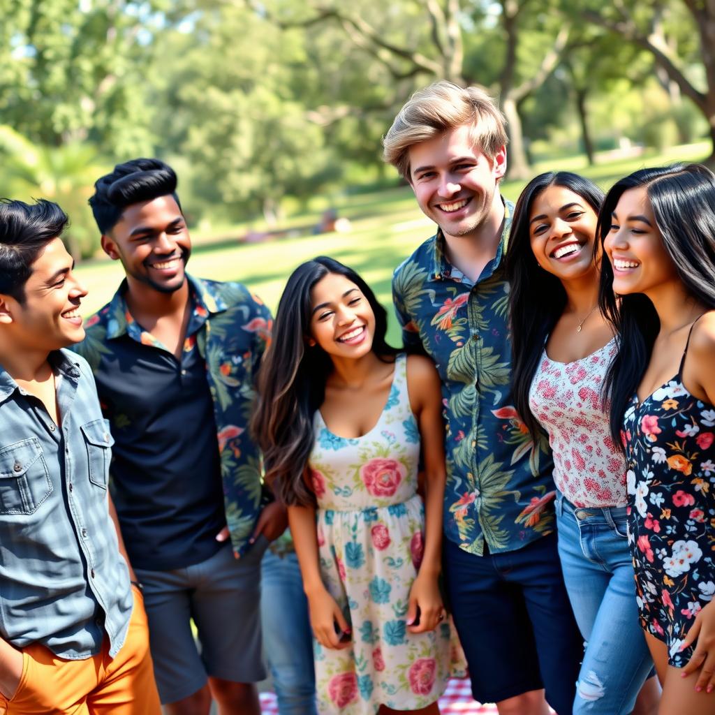 A vibrant scene featuring a diverse group of five friends hanging out together