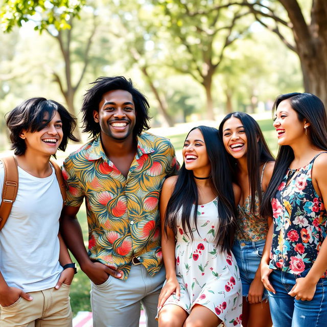 A vibrant scene featuring a diverse group of five friends hanging out together