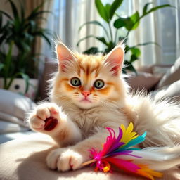 A cute, fluffy cat lounging in a sunbeam, with bright green eyes and a soft cream-colored fur coat