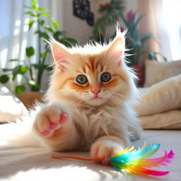 A cute, fluffy cat lounging in a sunbeam, with bright green eyes and a soft cream-colored fur coat