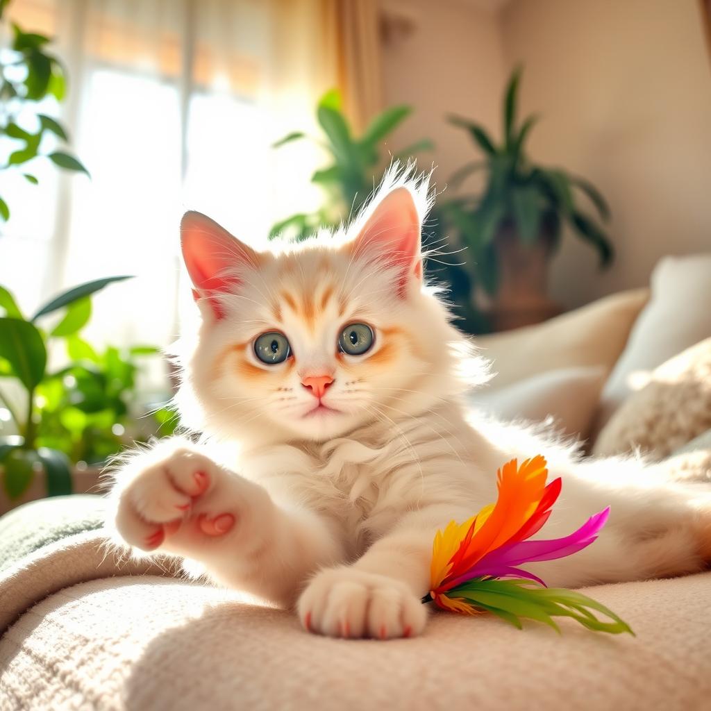A cute, fluffy cat lounging in a sunbeam, with bright green eyes and a soft cream-colored fur coat