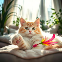 A cute, fluffy cat lounging in a sunbeam, with bright green eyes and a soft cream-colored fur coat