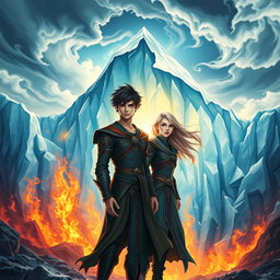 A captivating fantasy novel cover featuring a breathtaking scene where intense flames are visible beneath a majestic, translucent glacier