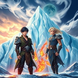 A captivating fantasy novel cover featuring a breathtaking scene where intense flames are visible beneath a majestic, translucent glacier