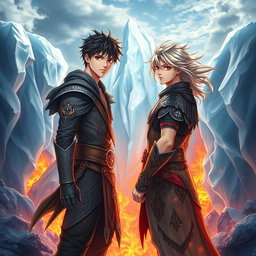 A captivating fantasy novel cover featuring a breathtaking scene where intense flames are visible beneath a majestic, translucent glacier