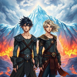 A captivating fantasy novel cover featuring a breathtaking scene where intense flames are visible beneath a majestic, translucent glacier