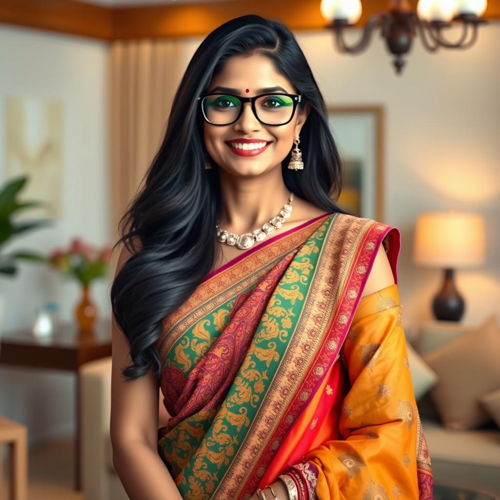 A stunning South Asian woman, affectionately known as 'bhabhi', wearing stylish glasses