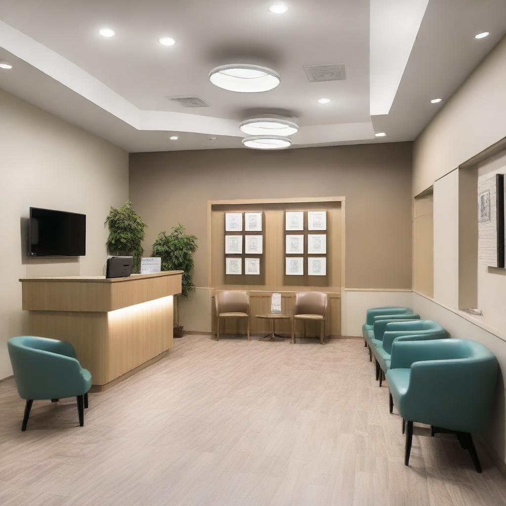 A sizable reception area in a dental clinic, comfortably furnished with 15 chairs. Other elements include a neat reception desk, informational literature on side tables, ambient lighting, and a soothing color palette.