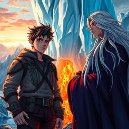 A stunning fantasy novel cover depicting a vivid scene of flames flickering beneath a massive, ethereal glacier