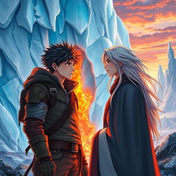 A stunning fantasy novel cover depicting a vivid scene of flames flickering beneath a massive, ethereal glacier