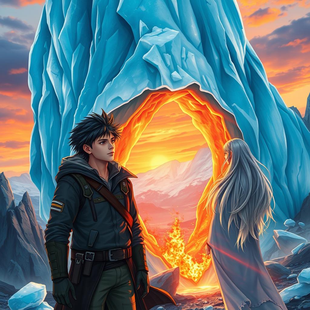 A stunning fantasy novel cover depicting a vivid scene of flames flickering beneath a massive, ethereal glacier