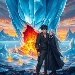 A stunning fantasy novel cover depicting a vivid scene of flames flickering beneath a massive, ethereal glacier