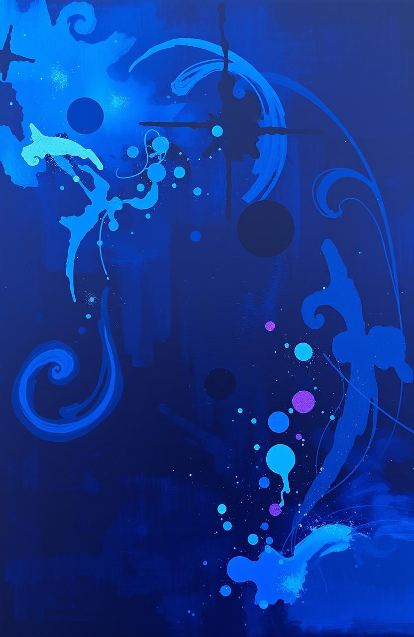 A captivating dark blue abstract painting featuring various shades and textures of blue, creating a sense of depth and movement