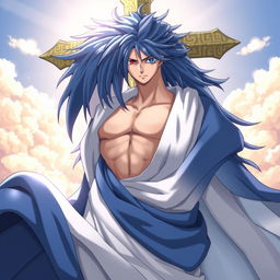 An imaginative fusion of Jellal Fernandes from Fairy Tail and Jesus Christ, rendered in a detailed and striking anime style