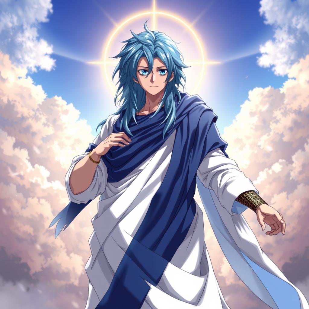 An imaginative fusion of Jellal Fernandes from Fairy Tail and Jesus Christ, rendered in a detailed and striking anime style