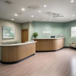 A sizable reception area in a dental clinic, comfortably furnished with 15 chairs. Other elements include a neat reception desk, informational literature on side tables, ambient lighting, and a soothing color palette.