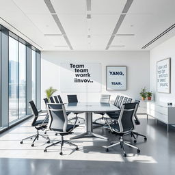 A sleek corporate office environment featuring modern furniture, large glass windows with a city view, and a minimalist design aesthetic