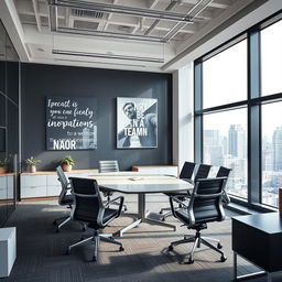 A sleek corporate office environment featuring modern furniture, large glass windows with a city view, and a minimalist design aesthetic
