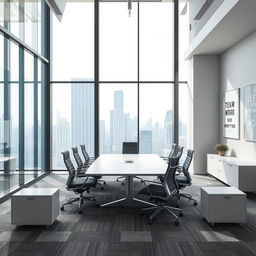 A sleek corporate office environment featuring modern furniture, large glass windows with a city view, and a minimalist design aesthetic