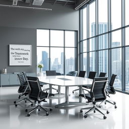 A sleek corporate office environment featuring modern furniture, large glass windows with a city view, and a minimalist design aesthetic