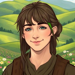 A male hobbit, approximately 30 years old, with delicate facial features and elegant cheekbones