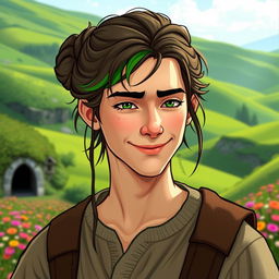 A male hobbit, approximately 30 years old, with delicate facial features and elegant cheekbones