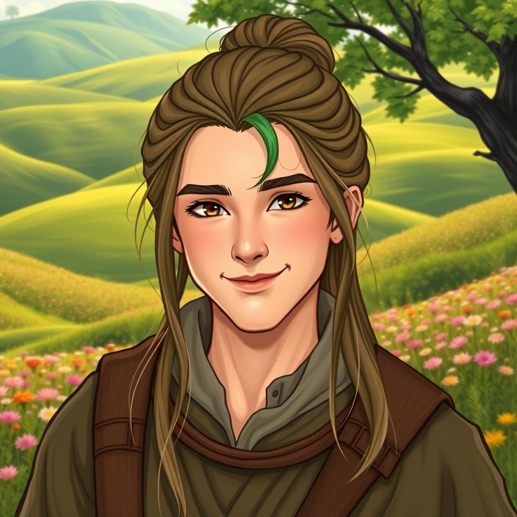 A male hobbit, approximately 30 years old, with delicate facial features and elegant cheekbones