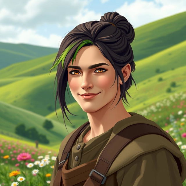 A male hobbit, approximately 30 years old, with delicate facial features and elegant cheekbones