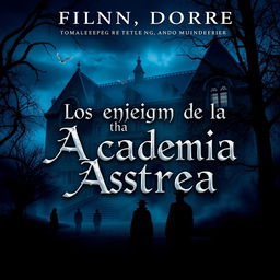 An intriguing book cover for a novel titled 'Los enigmas de la Academia Astrea', depicting elements of romance, mystery, and murder