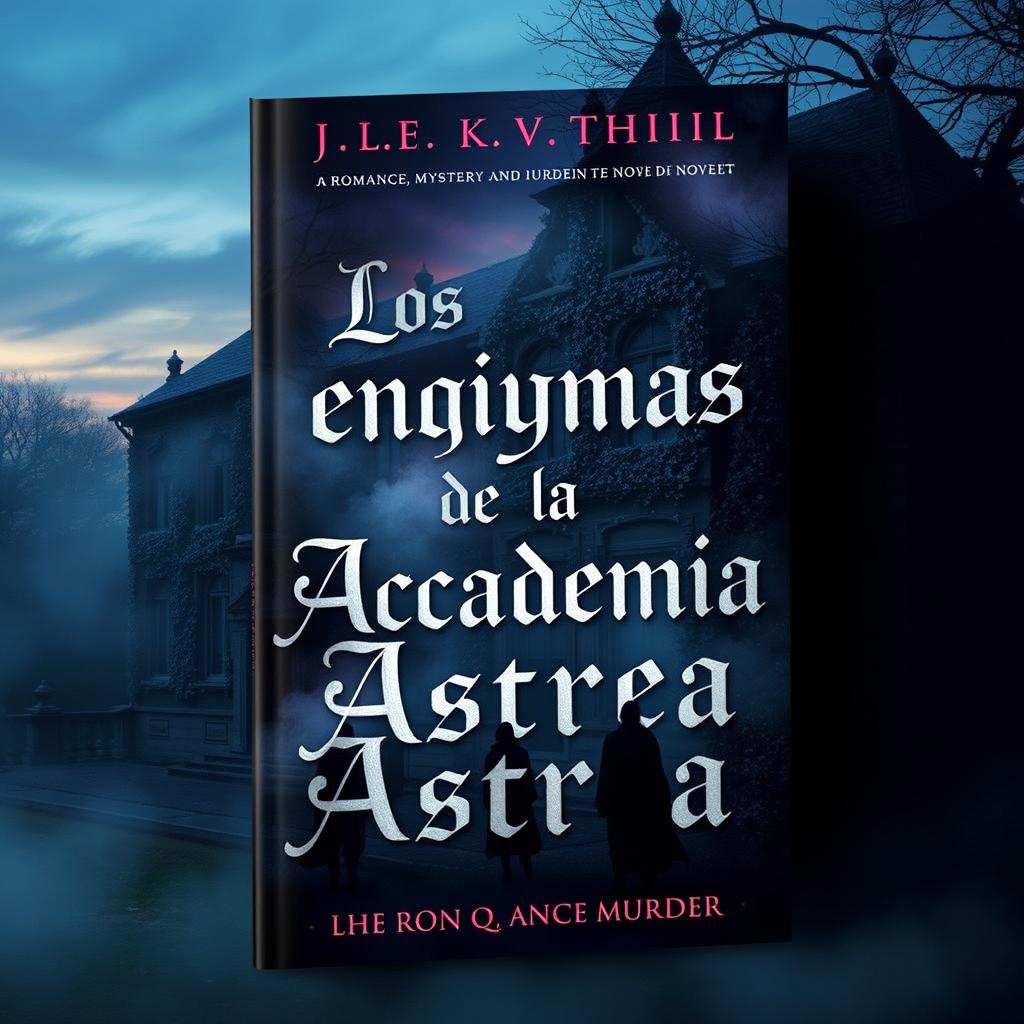 An intriguing book cover for a novel titled 'Los enigmas de la Academia Astrea', depicting elements of romance, mystery, and murder
