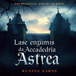 An intriguing book cover for a novel titled 'Los enigmas de la Academia Astrea', depicting elements of romance, mystery, and murder