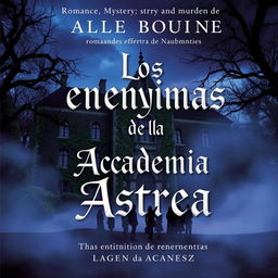 An intriguing book cover for a novel titled 'Los enigmas de la Academia Astrea', depicting elements of romance, mystery, and murder