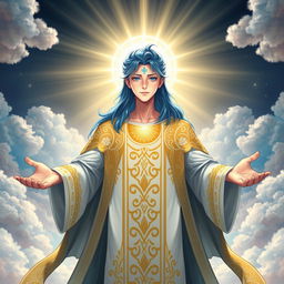 A majestic figure featuring blue hair and a radiant, glowing cross-like mark on their forehead, embodying a serene expression of wisdom and compassion