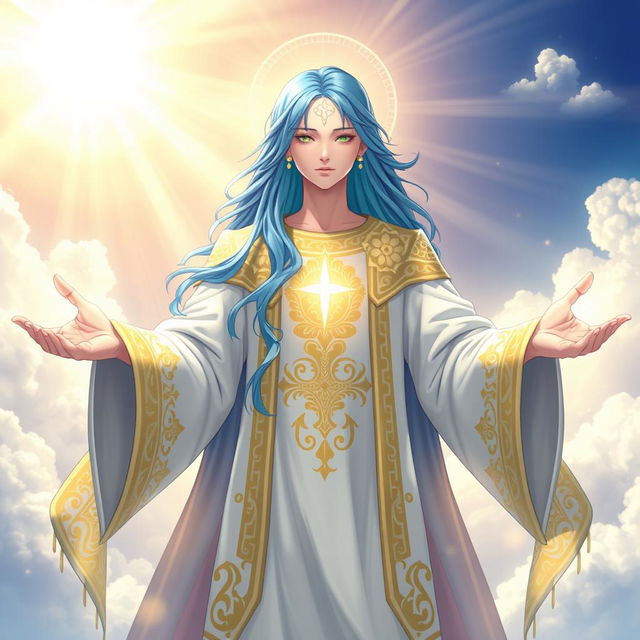 A majestic figure featuring blue hair and a radiant, glowing cross-like mark on their forehead, embodying a serene expression of wisdom and compassion