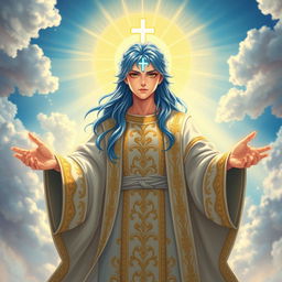 A majestic figure featuring blue hair and a radiant, glowing cross-like mark on their forehead, embodying a serene expression of wisdom and compassion