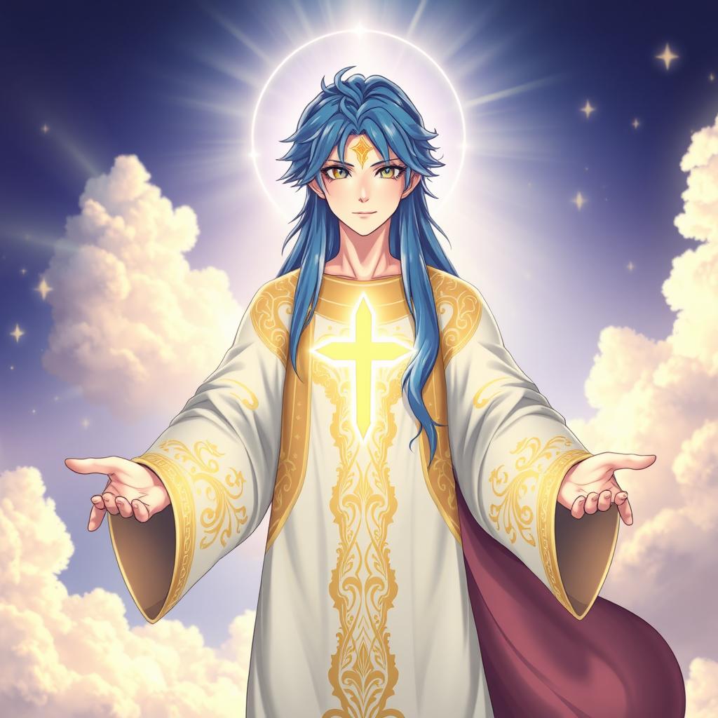 A majestic figure featuring blue hair and a radiant, glowing cross-like mark on their forehead, embodying a serene expression of wisdom and compassion