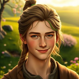 A male hobbit, approximately 30 years old, featuring delicate facial features and elegant cheekbones