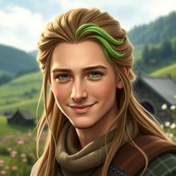 A male hobbit, approximately 30 years old, featuring delicate facial features and elegant cheekbones