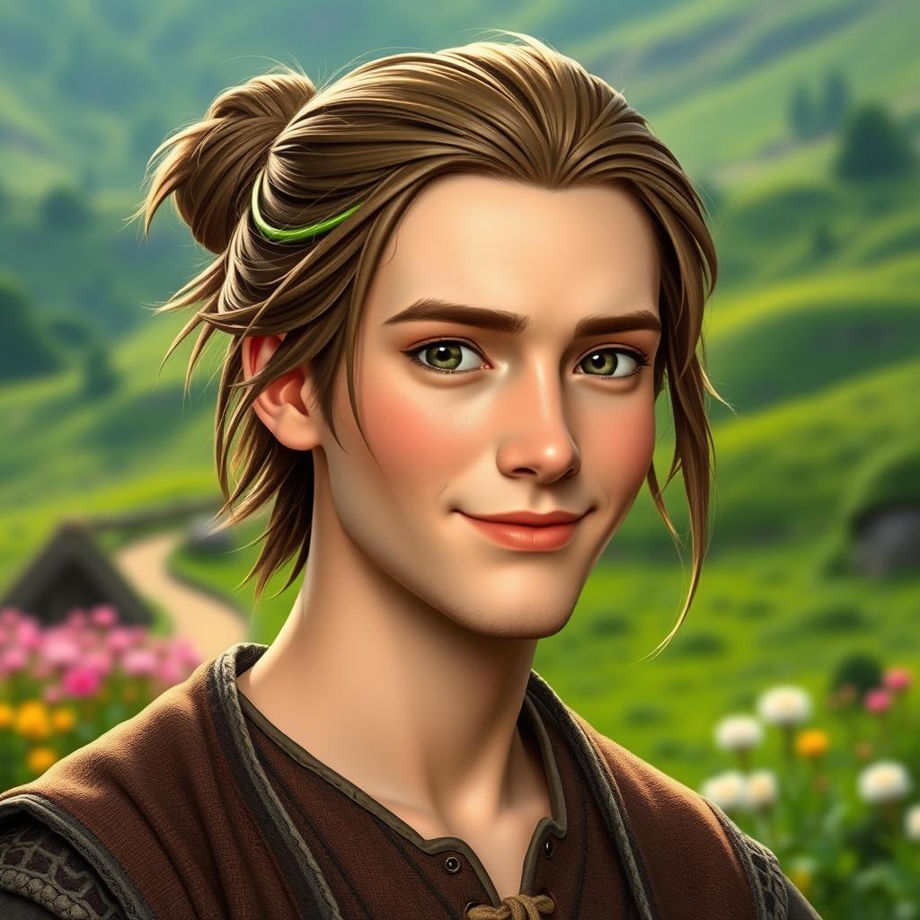 A male hobbit, approximately 30 years old, featuring delicate facial features and elegant cheekbones