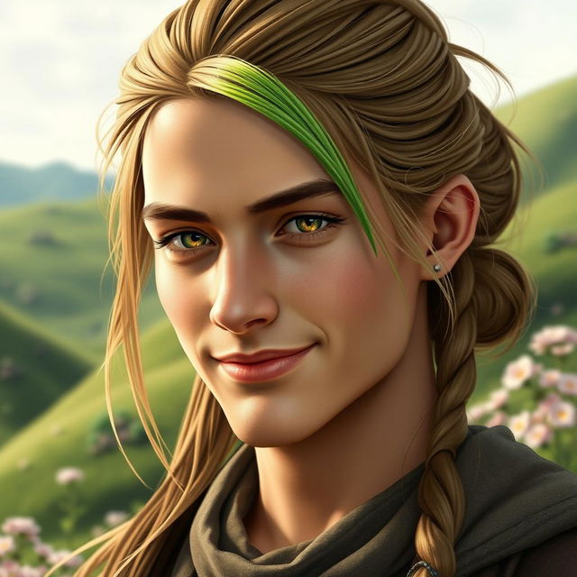 A male hobbit, approximately 30 years old, featuring delicate facial features and elegant cheekbones