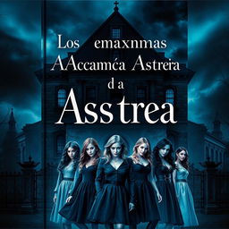 Una portada cautivadora para un libro titulado 'Los enigmas de la Academia Astrea', que representa romance, misterio y asesinatos