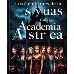 Una portada cautivadora para un libro titulado 'Los enigmas de la Academia Astrea', que representa romance, misterio y asesinatos