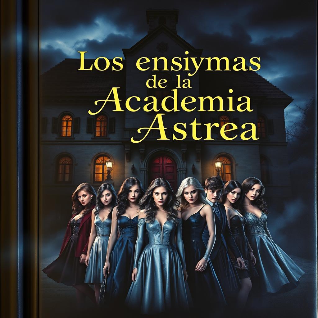 Una portada cautivadora para un libro titulado 'Los enigmas de la Academia Astrea', que representa romance, misterio y asesinatos